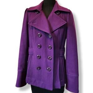 Guess Wool Blend Double Breasted Pea Coat Deep Purple Size Medium